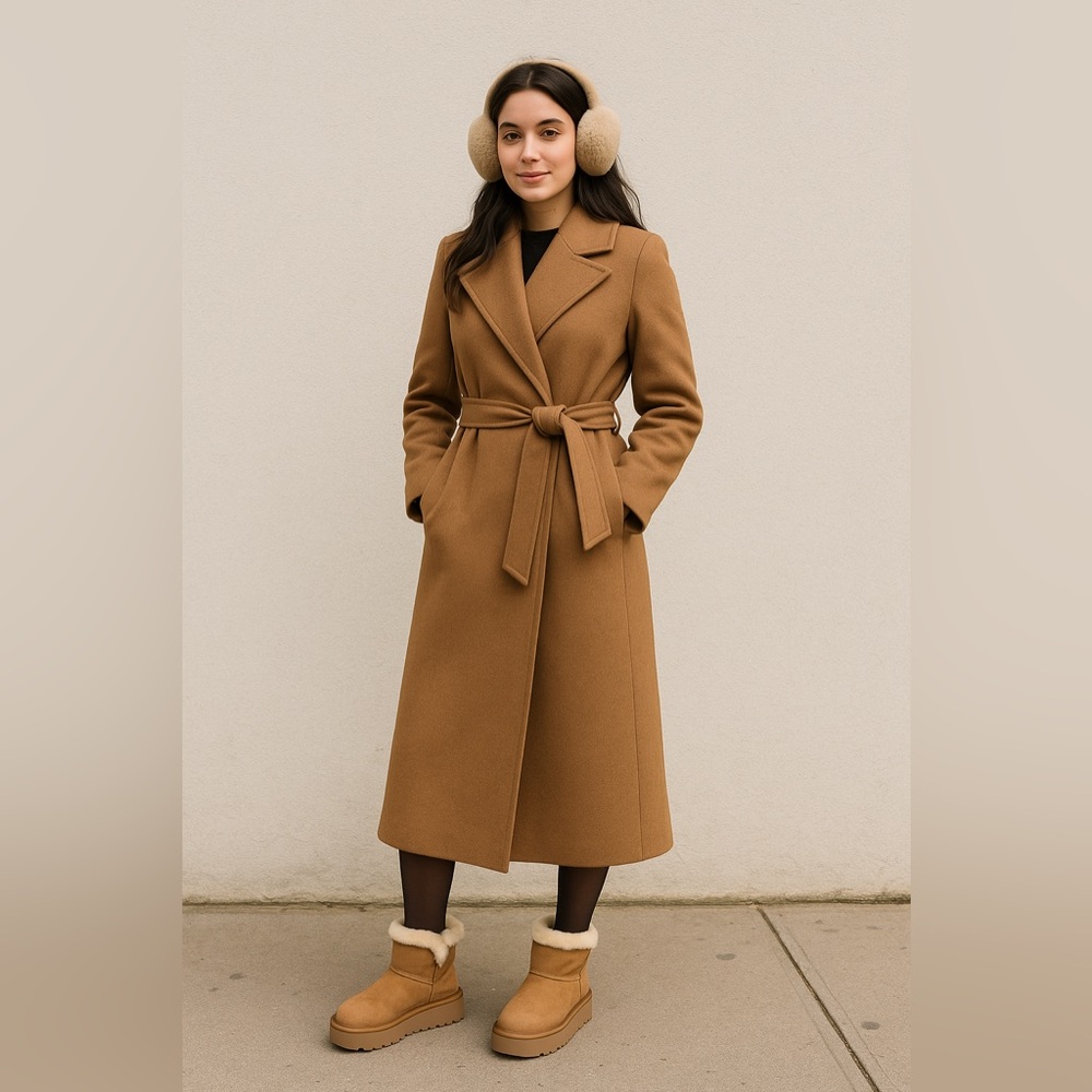 Tahari Wool Camel Long Tan Belted Coat winter fall